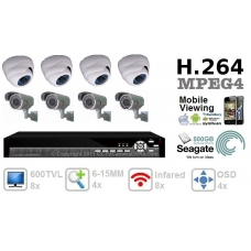 Combo 600TVL 8 ch channel CCTV Camera DVR Security System Kit Inc H.264 Network Mobile Access DVR All-Weather 6-15mm IR 40M Bullet and Indoor 3.6mm Camera 500GB HDD